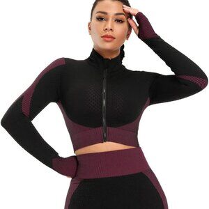 Purple & Black Texture 2 Piece Set - Crop jacket thumbholes & legging